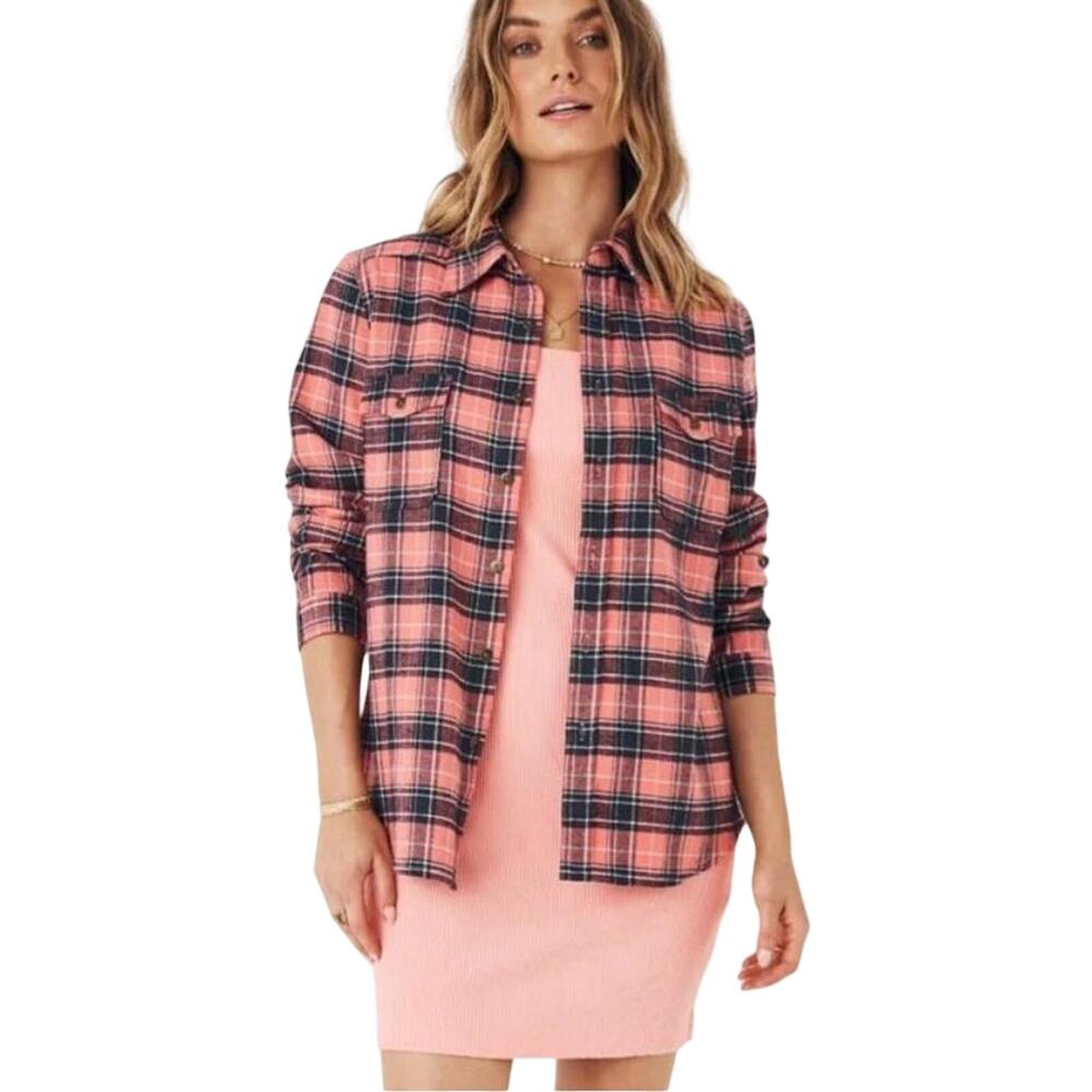 SPELL and The Gypsy Collective Women's Maverick Flannel Shirt Coral Black Sz XS